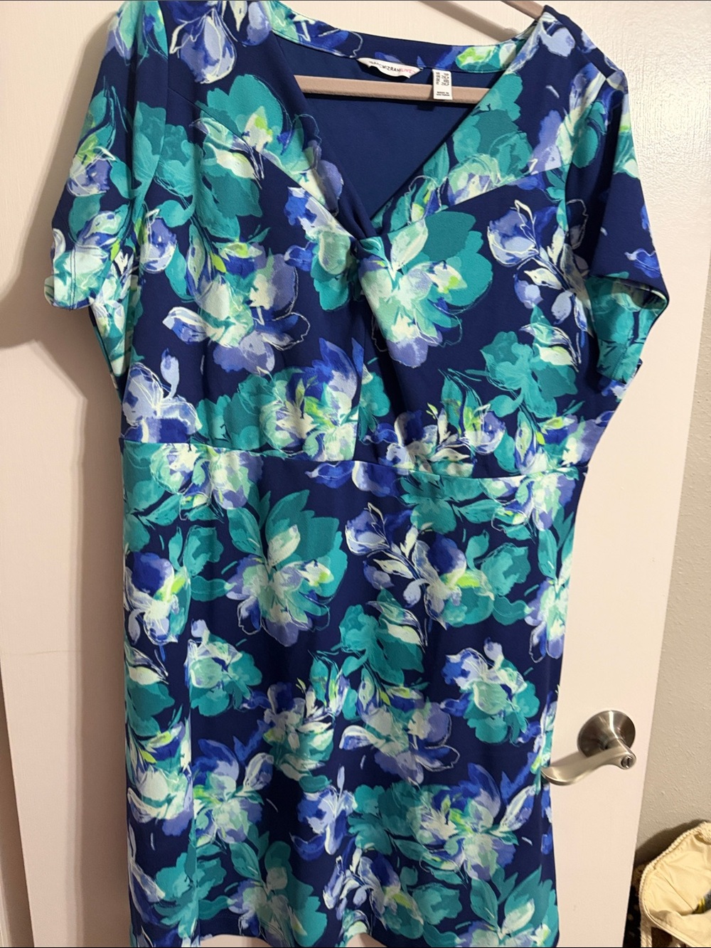 Isaac Mizrahi Navy Floral V-Neck Dress with Teal & Aqua Blooms